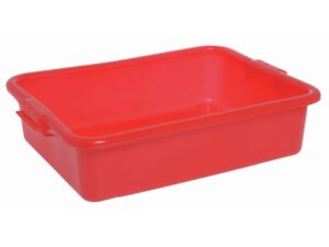 Red plastic rectangular storage bin