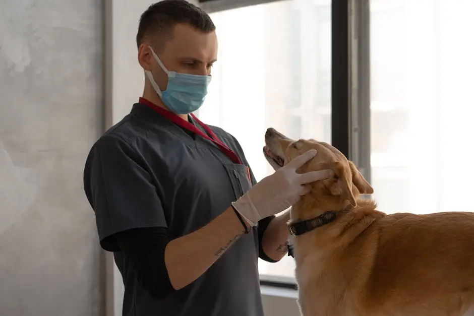 Veterinarian examining a golden retriever in clinic