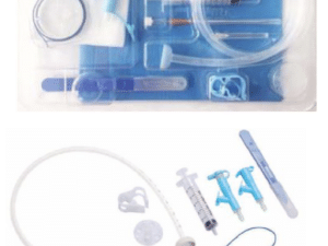 Assorted medical catheter kit components displayed.