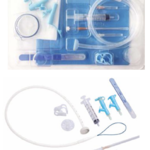 Assorted medical catheter kit components displayed.