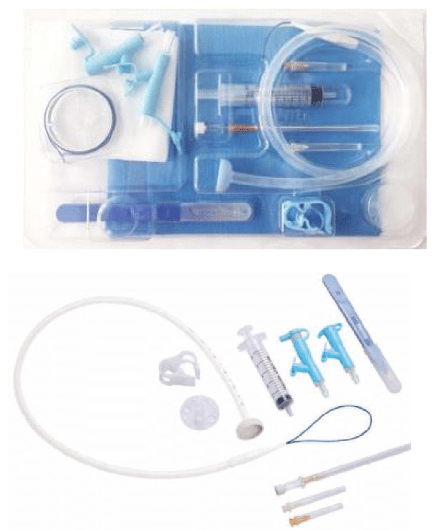 Assorted medical catheter kit components displayed.