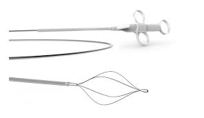 Surgical forceps and loop snares on white background