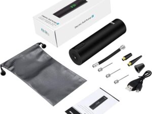 Black electric ball pump with accessories and packaging