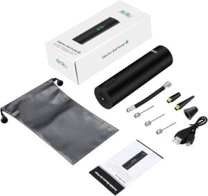 Black electric ball pump with accessories and packaging