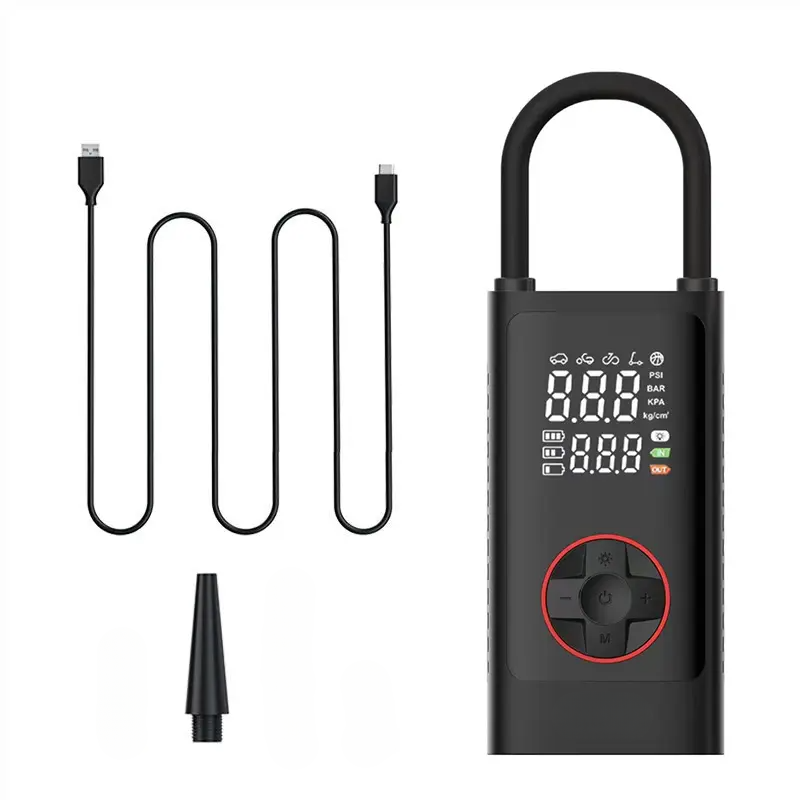 Digital tire inflator with USB cables and nozzle