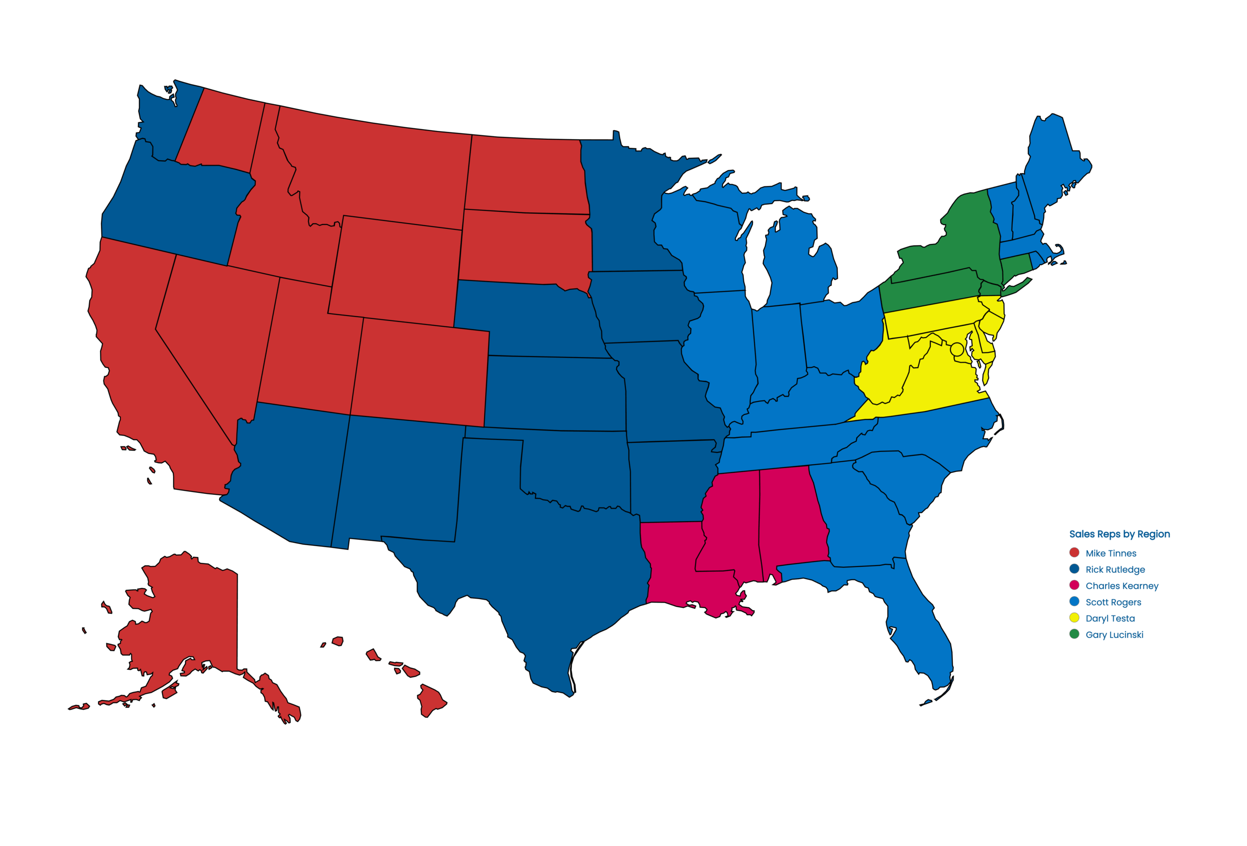 Colored U.S. map showing sales regions by representative