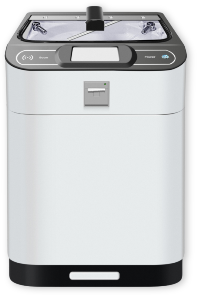 Modern portable white washing machine isolated on black